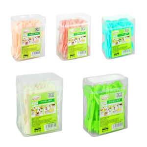 Cajita con 40 mini tenedores / palillos de plástico, con borde en forma de hoja, variedad de colores / peeler / sgc5498