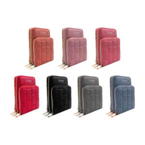 Bolsa portacelular de cuero sintético para dama con 3 compartimentos, correa y diseño de cuadros - corazones bordados, variedad de colores / pvb leather / qb-5138