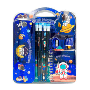 Kit de papelería con estuche lapicera, 4 lápices, mini libreta, sacapuntas y borrador con temática espacial - astronauta / tk-135tz / 6606 / space program / space pencil set