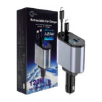 Cargador para carro yisen con 2 cable retráctiles de entrada tipo c - lightning y puerto usb - tipo c, 12.4v, 120w / retractable car charger / x62
