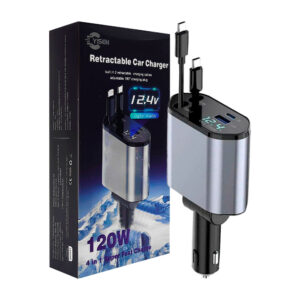 Cargador para carro yisen con 2 cable retráctiles de entrada tipo c - lightning y puerto usb - tipo c, 12.4v, 120w / retractable car charger / x62