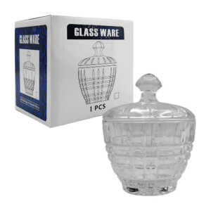 Azucarera pequeña de cristal - vidrio 11 x 8.5x8.5 cm, tapadera con decoración de figura octagonal, multifuncional / a7596 / glass ware / azucarero de vidrio