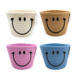 Cesta pequeña para almacenamiento, cuerda trenzada y diseño de carita felíz, variedad de colores / ay-1157