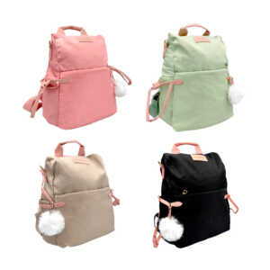 Mochila pequeña lisa de 2 compartimentos con tirantes de cuero y satinado, pompón y correa, variedad de colores / bb-1195
