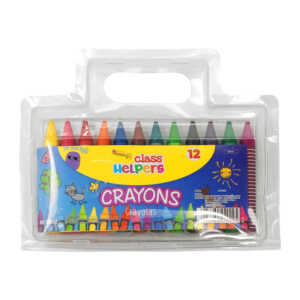 Estuche con 12 crayolas gruesas de colores con etiqueta de franjas blancas / class helpers / crayons / b4022
