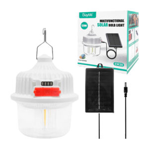 Lámpara foco solar multifuncional recargable de 120w con 4 modos de iluminación, gancho colgante, indicador de batería y panel solar / em38