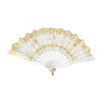 1pza Abanico de plástico con mango ondulado, estampado de flores doradas 23cm, color blanco / e5234