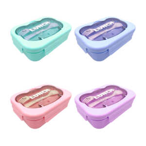 1pza Tupper rectangular de plástico liso, con 4 compartimientos, tenedor y cuchara, variedad de colores / rpc9022 / lunch box / 18x13cms