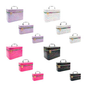 Juego de 3 cosmetiqueras rectangulares con estampado de corazones y moños multicolor, variedad de colores / ls-475