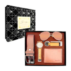 Kit de regalo para caballero con cinturón, reloj de mano, lentes de sol, llavero y cartera / lu1145