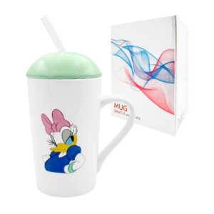 Taza de cerámica con tapa redonda y popote transparente + estampado de personajes animados / mug creative personality / lu4237