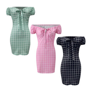 Vestido corto con escote cuadrado, lazo en el centro y estampado de cuadros, variedad de colores / lu7416 / lu7417