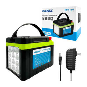 Lámpara luz de emergencia portátil de 12 leds, batería de 12v 15Ah, 2 interruptores, puertos usb, salidas de 12v, cátodo y anodal, cargador eliminador incluido / mor-1215