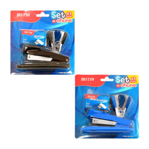 Set de oficina con engrapadora mediana, sacagrapas + caja con 500 pcs de grapas 26/6, variedad de colores / staples mitio / 207-3