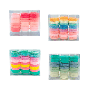 Caja transparente con 24 donas ligas de colores con efecto corrugado para el cabello / 24-pj-003