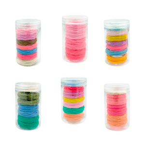 Bote transparente con 7 donas ligas de colores con efecto corrugado para el cabello / 020036