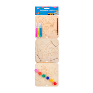 Set de arte con 3 tableros de madera para colorear, 6 pinturas de colores, 4 plumines, 1 pincel y 3 soportes de madera / 2896-2 / b6218 / coloring painting