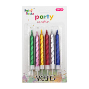 Paquete con 6 velas pequeñas, color metálico, con base para pastel, variedad de colores / party candles  / reino fiesta