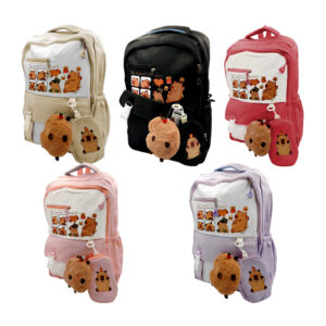 Mochila grande con 4 compartimentos con estampado de capibaras + monedero y llavero afelpado, variedad de colores / 6028