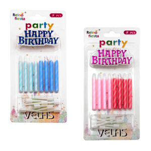 Blister de cumpleaños con 8 velas de cera, con letrero de happy birthday, variedad de colores / party candles / reino fiesta / 60384