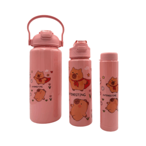 Juego de 3 botellas de plástico con popote y estampado de capibara, variedad de colores / capybara / trio capibara