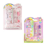 Kit de papelería con estuche lapicera metálica, sacapuntas, regla, 2 borradoras y 2 lápices con estampado kawaii, variedad de modelos / hello / sweet / 90061