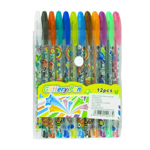 Paquete con 12 plumas de gel en colores surtidos con estampados de animales, flores, frases e insectos, variedad de colores / glittery pen / st37766