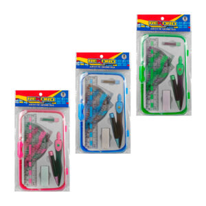 Estuche transparente con juego de geometría pequeño de plástico, regla de 15cm, 2 escuadras, transportador, compás plástico, borrador pequeño, y estuche con puntillas de repuesto, variedad de colores / juego de geometría rekord / st43655