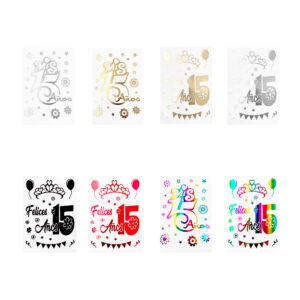 Paquete con 20 planillas de calcomanías con diseño frase de 15 años, variedad de colores metálicos / bo-411a / felices 15 años / mis 15 años / 370561