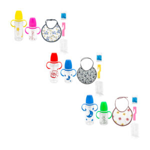 Kit para bebé con babero, cotonetes - hisopos, cepillo limpiador y 2 biberones de 125 ml - 240 ml con estampado de animales, variedad de colores / bottle & nipple / bb6501