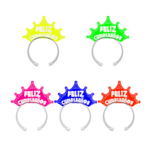 Paquete con 12 pzas diademas de corona con frase felíz cumpleaños, variedad de colores / bo-518-1