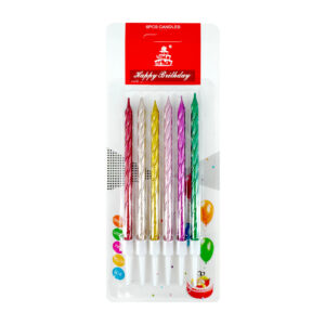 Blíster con 6 velas de cumpleaños delgadas con diseño de espiral y colores metálicos cromados / bo-621 / happy birthday