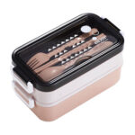 Tupper rectangular de plástico lunch box con 2 niveles, cubiertos y 3 compartimentos, variedad de colores / enjoy meal time / fh-009