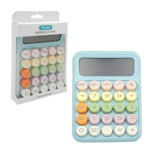 Calculadora básica con pantalla lcd grande de 12 dígitos, teclas mecánicas redondas de colores y función a pilas, variedad de colores / js-9635