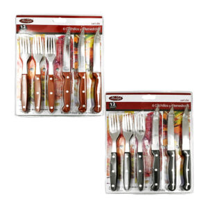 Paquete de 6 tenedores grandes, 6 cuchillos tipo sierra, con mango de madera o plástico, variedad de colores / kc49357 / kc49348 / set de 12 piezas de cubiertos