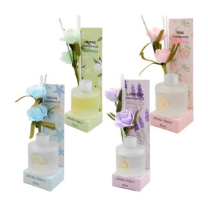 Frasco opaco aromatizante difusor de esencia 45ml con 2 varillas blancas y decoración de 2 rosas, variedad de aromas y colores / kx-0094 / fresh atmosphere