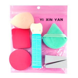 Bolsa yi xin yan con artículos para maquillaje y peinado, 6 esponjas de diferentes tamaños y texturas, tubo tipo pinza para ondular el cabello, variedad de colores / ln68-s45