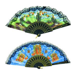 1pza Abanico de plástico con tela estampado religioso, encaje, detalles dorados y gancho colgante, variedad de diseños / q-153 / q-153-1