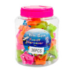 Bote de 36 sacapuntas plásticos en forma de estrella y tapadera con ranura como alcancía, variedad de colores / xin gan / pencil sharpener / sacapunta estrella / st43635