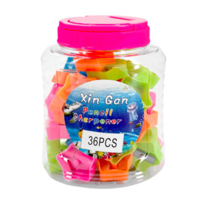 Bote de 36 sacapuntas plásticos en forma de estrella y tapadera con ranura como alcancía, variedad de colores / xin gan / pencil sharpener / sacapunta estrella / st43635