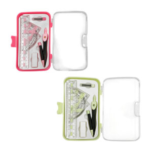 Estuche transparente con juego de geometría pequeño de plástico, regla de 15cm, 2 escuadras, transportador, compás plástico, borrador pequeño, y estuche con puntillas de repuesto, variedad de colores / juego de geometría rekord / st43655
