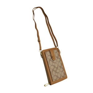 Bolsa de mano rectangular de piel sintética con correa, ventana transparente para el celular, espacio para tarjetas, 2 compartimentos y estampado de monograma, en color marrón / t4228marron / t4228 / bolsa de hombro