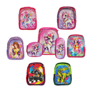 Mochila escolar con 3 compartimientos, relieve, luces led, lonchera y lapicera