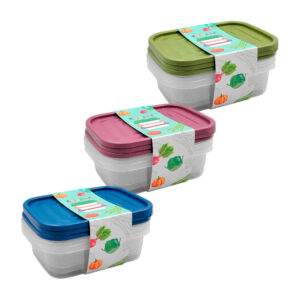 Juego de 3 tuppers - recipientes pequeños de plástico rectangulares transparentes, variedad de colores / 18515 / crisper / 02-b