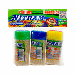 Blíster de 3 botes con palillos dentales de madera, con tapa de flor / nitram