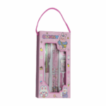 Kit de papelería con 3 lápices, pluma de 4 colores, sacapuntas, borrador y 2 protectores de lápiz, estampado kawaii / 66051 / funny