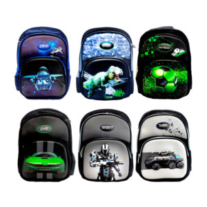 Mochila infantil con 3 compartimentos y diseño animado con relieves y palabra