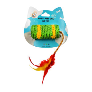 Juguete cilíndrico de yute con decoración de pluma, variedad de colores / 73429