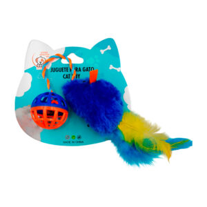 Juguete para gato, ratón afelpado con plumas esfera con cascabel, color surtido