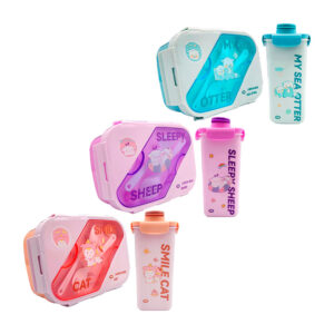 Juego de tupper rectangular con 2 compartimientos, 2 cubiertos y botella cuadrada + estampado de personajes animados, variedad de modelos / 78203